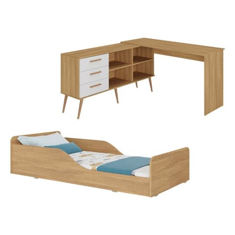 Kit Cama Infantil Montessoriana com Escrivaninha L 3 Gavetas Aura Multimóveis MP4821 Madeirado/