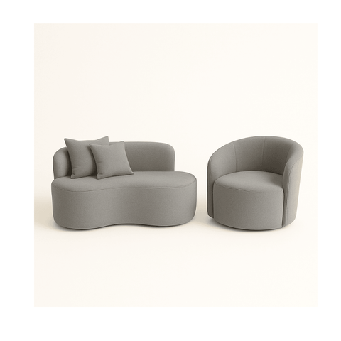 Conjunto 01 Poltrona + Sofá Curvo Orgânico Nature Gaia Suede Cinza - Montanaris Decor