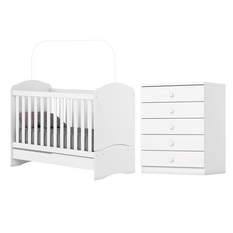 Jogo de Quarto Infantil Cômoda e Berço Bala de Menta Branco - Henn