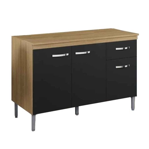 Balcão de Pia sem Tampo 120 Cm 3 Portas 1 Gaveta Graziela Amêndoa/preto