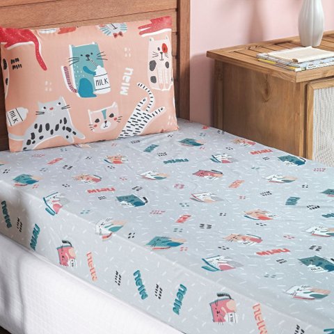 Jogo de Lençol Cama Solteiro 2 Peças Infantil Bouti Kids:gatinha
