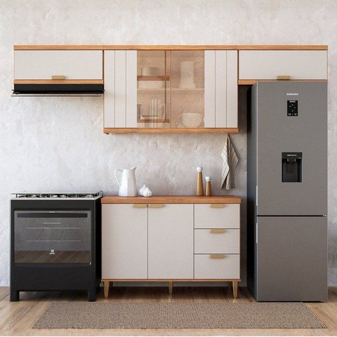 Cozinha Modulada 4 Peças com 1 Balcão e 3 Armários Aéreo Elena Cinamomo/Offwhite