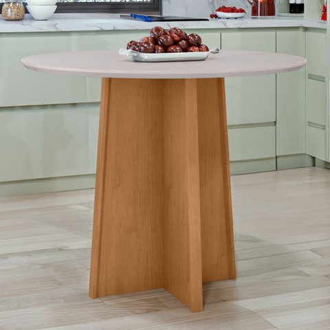 Mesa de Jantar Redonda 4 Lugares Tampo MDF Celebrare Marrom Amêndoa Clean/Off White