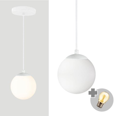 Pendente Branco C/ Globo de Vidro Branco de 14cm + Led 2w