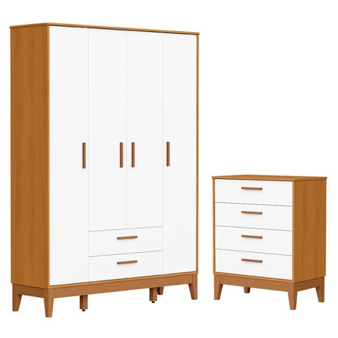 Jogo de Quarto Infantil Flip Guarda Roupa 4 Portas e Cômoda 4 Gavetas Branco Fosco/savana - Reller