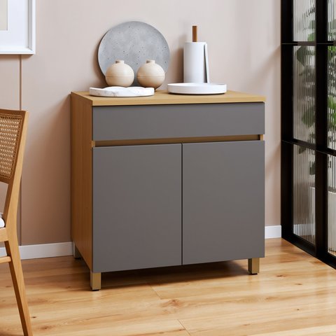 Balcão 2 Portas 1 Gaveta 80cm 100% MDF Realeza Premium Cinza/Carvalho/Titânio