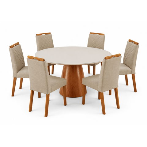 Conjunto Sala de Jantar Mesa Gênova  130 cm Tampo Redondo Vidro Off White com 6 Cadeiras