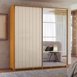 Guarda-roupa Casal Monet Ripado 2 Portas de Correr 4 Gavetas 1 Porta C/ Espelho - 7 Decor Cinamomo e