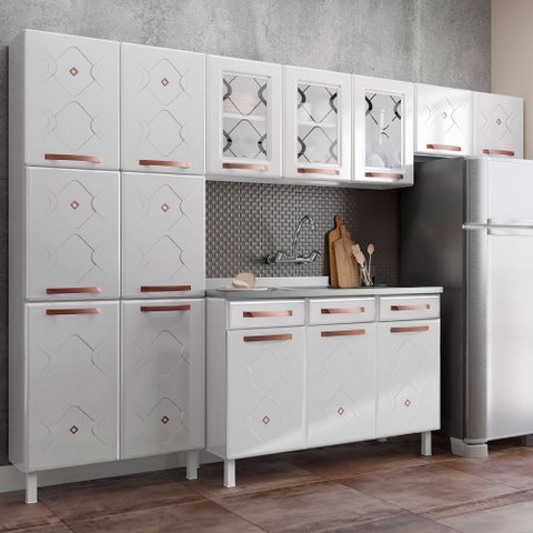 Cozinha de Aço Completa Mirage New 14 Portas 2 Gavetas com Vidro Branco 815486 - Telasul