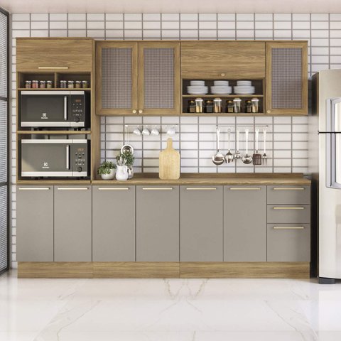 Armário de Cozinha Modulada Completa Reta 7 Peças 2,70m 213 Botanic Kappesberg - Nogueira/fendi