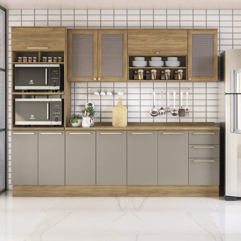 Armário de Cozinha Modulada Completa Reta 7 Peças 2,70m Botanic Kappesberg - Nogueira/Fendi