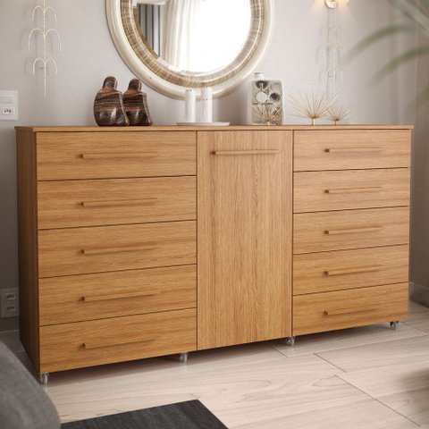Cômoda para Quarto 10 Gavetas 1 Porta com Rodízios Imperial Amadeirado Freijó Batrol