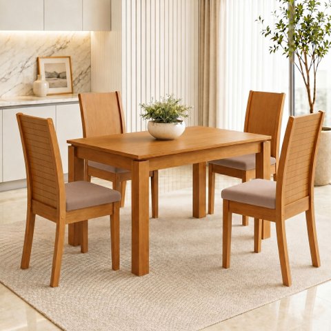 Conjunto Sala de Jantar 4 Lugares Retangular Tampo MDF 120cm Mesa e Cadeiras Athenas Marrom Amêndoa Clean/Veludo Naturale Creme