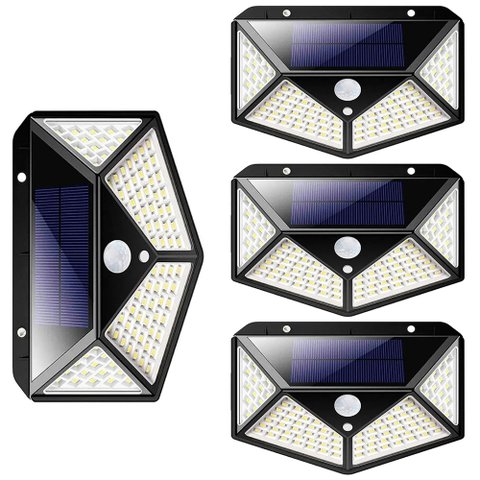 Luminaria Solar Sensor Movimento Andarela 100 Leds Kit 4 Unid 3 Funçoes Iluminaçao Exterior Casa