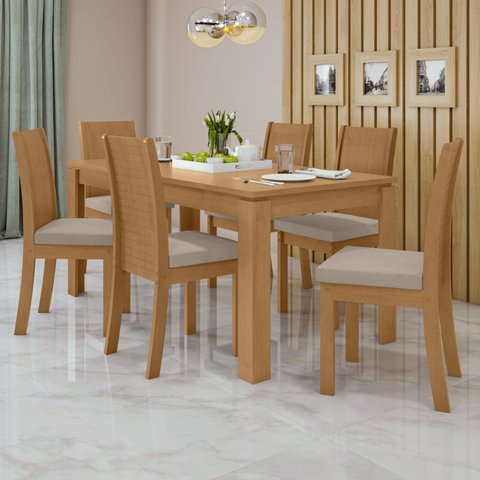 Conjunto Sala de Jantar 6 Lugares Retangular Tampo MDF Mesa e Cadeiras Athenas