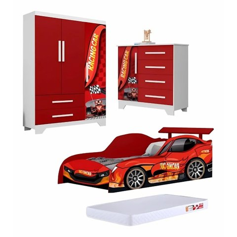 Quarto Infantil Completo Cama Colchão Roupeiro Cômoda Carro:vermelho