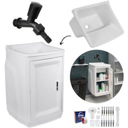 Gabinete Para Lavanderia Com Tanque Branco 01 Porta + Torneira + Fita Veda Rosca - 1