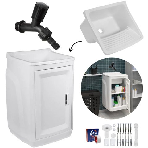 Gabinete Para Lavanderia Com Tanque Branco 01 Porta + Torneira + Fita Veda Rosca