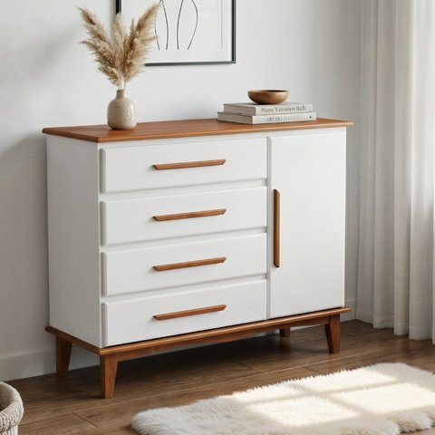 Cômoda 4 Gavetas e 1 Porta em Madeira Maciça de Pinus com Corrediças Telescópicas Branco/Castanho Claro