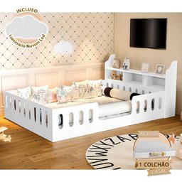 Cama Casal Design Montessoriana Helo com Nicho e Colchão Branca Divaloto + Luminária - 2