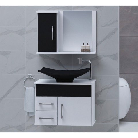 Gabinete para Banheiro com Cuba e Espelheira Turin Branco/Preto