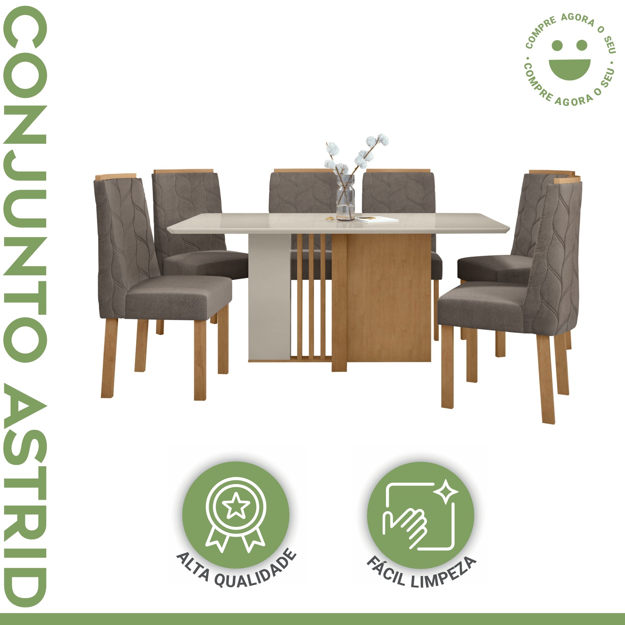 Conjunto Sala de Jantar Mesa Tampo MDF/Vidro e 6 Cadeiras Astrid Móveis Lopas - 9