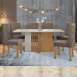 Conjunto Sala de Jantar Mesa Tampo MDF/Vidro e 6 Cadeiras Astrid Móveis Lopas - 1