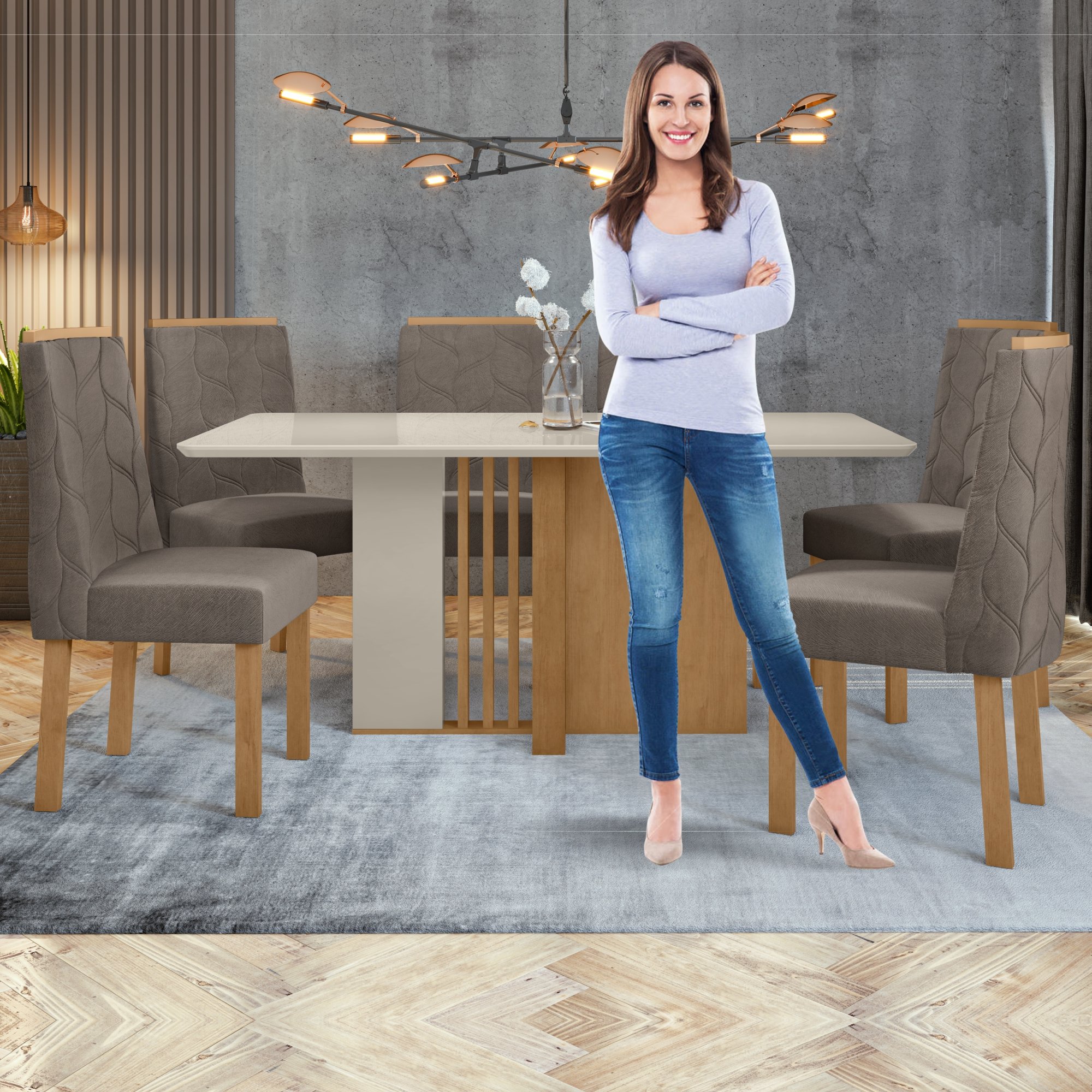 Conjunto Sala de Jantar Mesa Tampo MDF/Vidro e 6 Cadeiras Astrid Móveis Lopas - 15