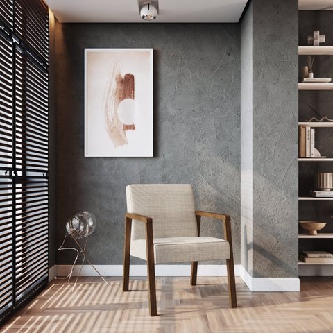 Poltrona Decorativa Madeira Maciça Jequitibá Assento com Persintas Slim Bege Nogueira Algodão
