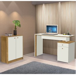 Conjunto 2 Peças Escrivaninha 120cm com Armário Multiuso Baixo Nature Off White - 1