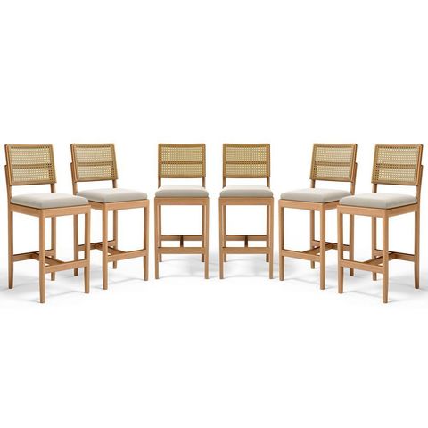 Kit com 6 Banqueta Milena Madeira Maciça Assento Estofado Encosto de Tela Palha Sextavada Veludo Beg