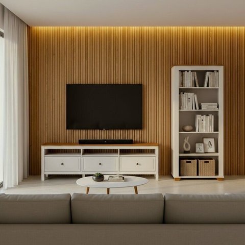 Conjunto de Sala 2 Peças com Rack e 1 Estante Ananda CabeCasa MadeiraOriginals Branco Off White/Mel