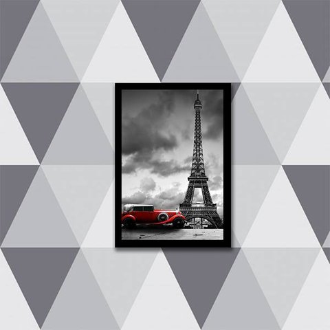 Quadro Fotografia Carro Vermelho Torre Eiffel 24x18cm - com vidro:Madeira preta
