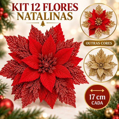 Kit 12 Flores Enfeite Artificial Glitter 17cm Decoração Árvore de Natal Vermelho Luvinco