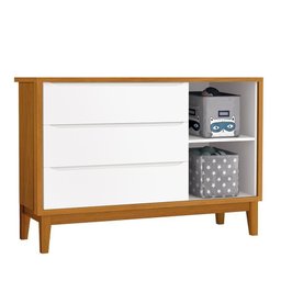 Cômoda Infantil com Porta e 3 Gavetas Classic Branco Savana com Pés Amadeirado - Reller Móveis - 3