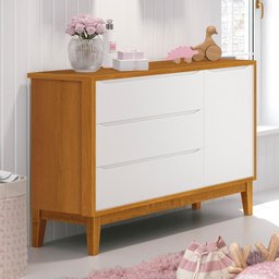 Cômoda Infantil com Porta e 3 Gavetas Classic Branco Savana com Pés Amadeirado - Reller Móveis - 4