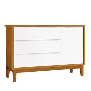 Cômoda Infantil com Porta e 3 Gavetas Classic Branco Savana com Pés Amadeirado - Reller Móveis
