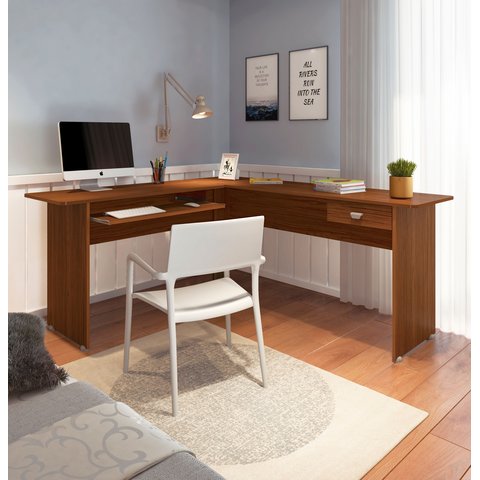 Mesa em L para Escritório Pés Antiumidade Cannes Artely 1 Gaveta 100% MDF 165cm Cedro Marrom