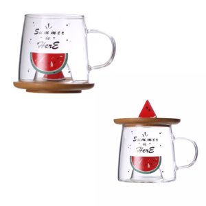 Caneca C/ Tampa Bambu Miniatura 3d 280ml - Melancia + Caixa