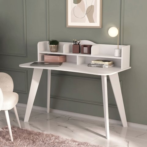 Escrivaninha Mesa Escritório com Nichos Sofia Artely 120cm Branco
