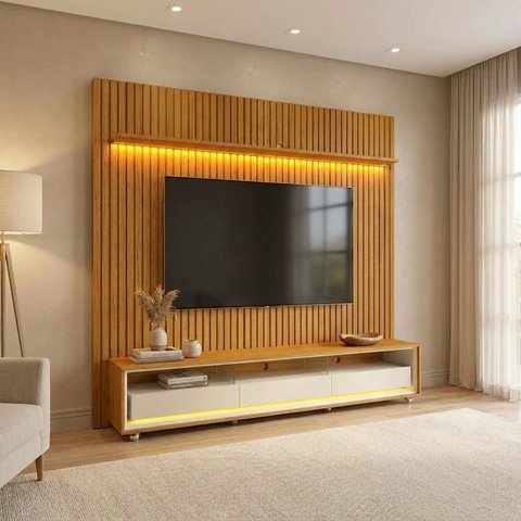Rack com Painel Ripado para TV para 90 Polegadas com LED em MDF Casuá Naturale