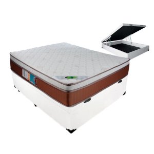 Colchão Molas Ensacadas Luckspuma MasterPocket Caribe + Cama Box Casal Com Baú Sintético:Branco