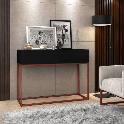 Aparador Buffet Pequeno para Hall de Entrada Luxo Eros 02 Gavetas 90cm Preto/Cobre Cantinho Café