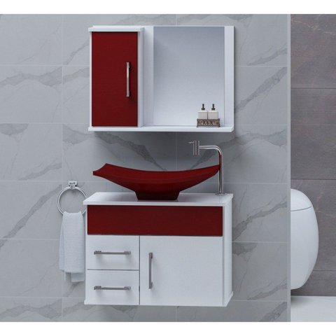 Gabinete para Banheiro com Cuba e Espelheira Turin Branco/Vinho
