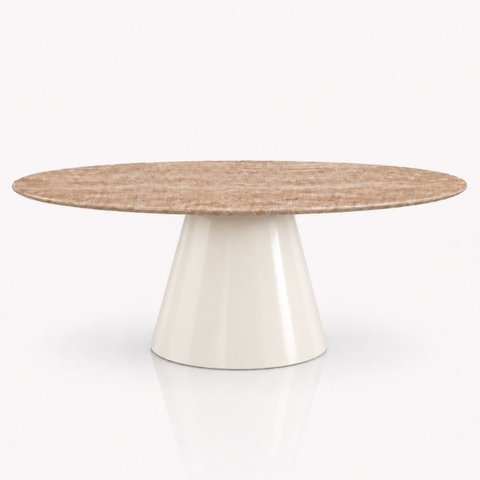 Mesa de Jantar Cone Oval 198x122 cm Tampo Mármore Travertino Base Laca Off White