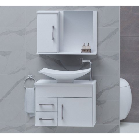 Conjunto Gabinete para Banheiro com Cuba e Espelheira Turin Branco