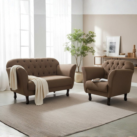 Kit Namoradeira + 1 Poltrona Decorativa Dália Linho Marrom Pés Madeira