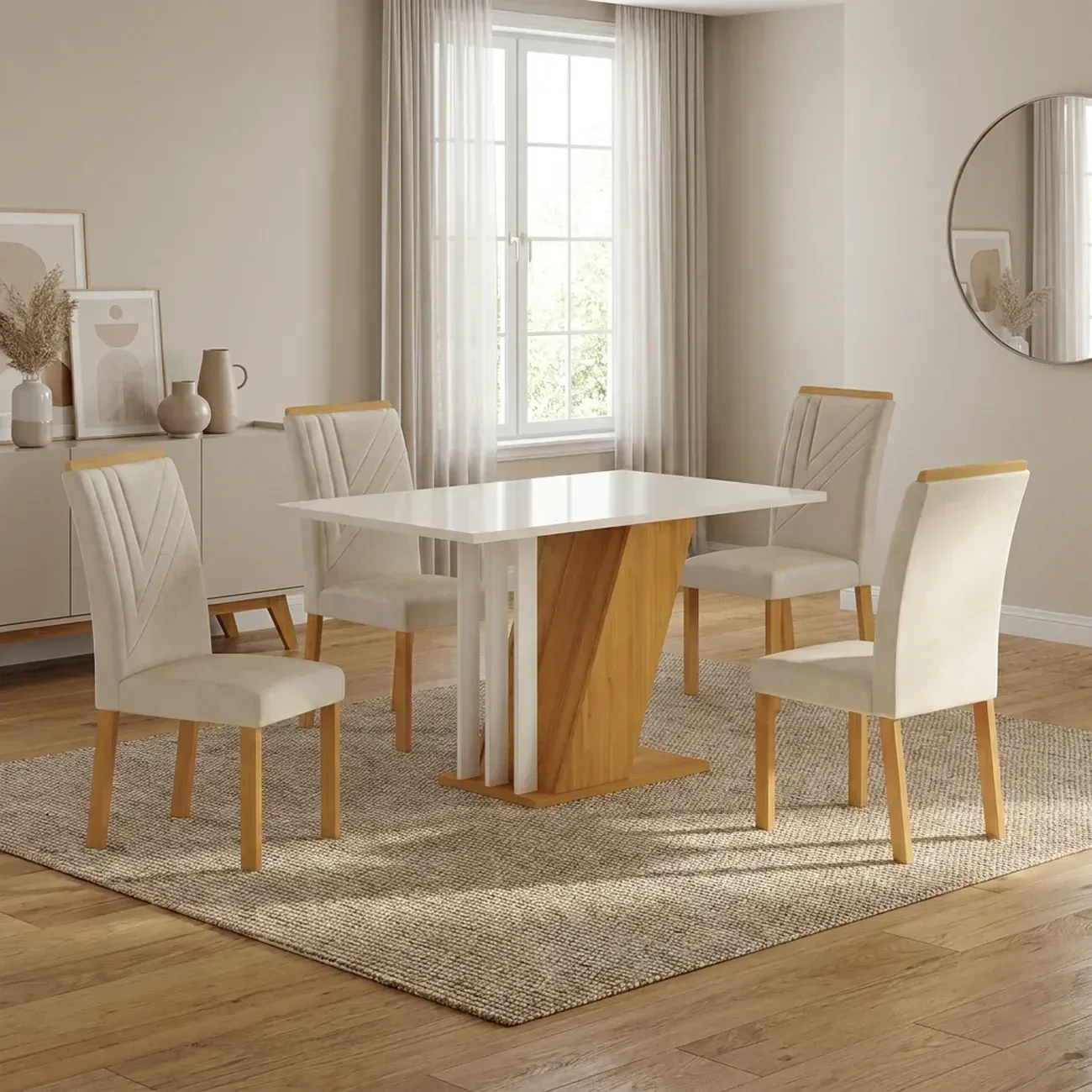 Conjunto Sala de Jantar Mesa 4 Cadeiras MDF Miami Yescasa Off White