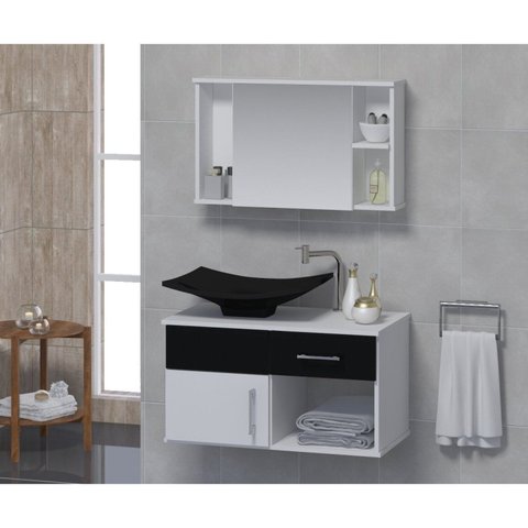 Gabinete para Banheiro com Cuba e Espelheira New Stilo Branco/Preto