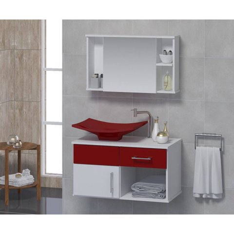 Conjunto Gabinete para Banheiro com Cuba e Espelheira New Stilo Branco/Vinho